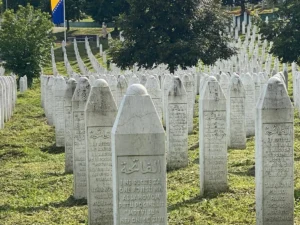 Head stones on the hillside of The Srebrenica Memorial Center, Potocari, Bosnia